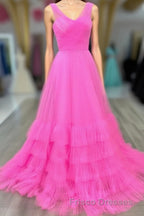 Hot Pink Illusion Strapless A-line Layers Tulle Long Formal Prom Dress