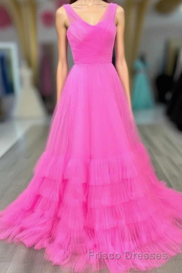Hot Pink Illusion Strapless A-line Layers Tulle Long Formal Prom Dress