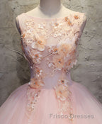 Pink Round Neck Tulle Lace Long Formal Prom Dress, Lace Formal Prom Dress