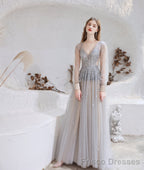 Champagne Prom Dresses Tulle Beading Luxury V Neck Long Sleeves Evening Dress 2025 Long Evening Party Dresses Women Robe De Luxe Femme Backless A Line Prom Gown