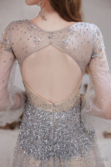Champagne Prom Dresses Tulle Beading Luxury V Neck Long Sleeves Evening Dress 2025 Long Evening Party Dresses Women Robe De Luxe Femme Backless A Line Prom Gown