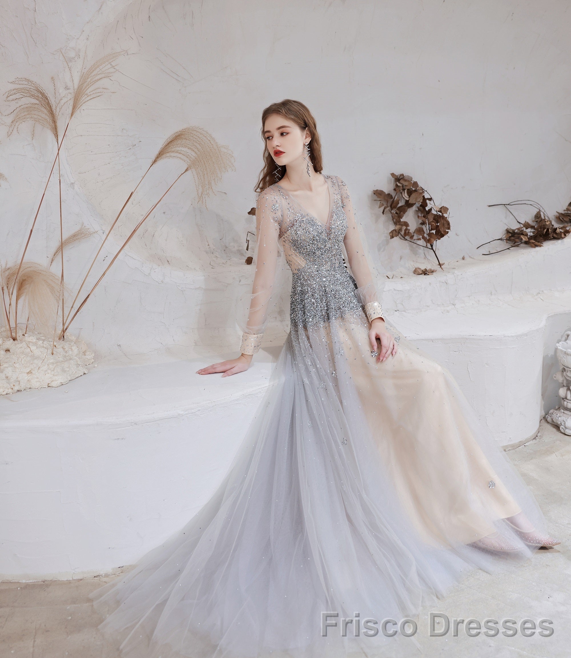 Champagne Prom Dresses Tulle Beading Luxury V Neck Long Sleeves Evening Dress 2025 Long Evening Party Dresses Women Robe De Luxe Femme Backless A Line Prom Gown