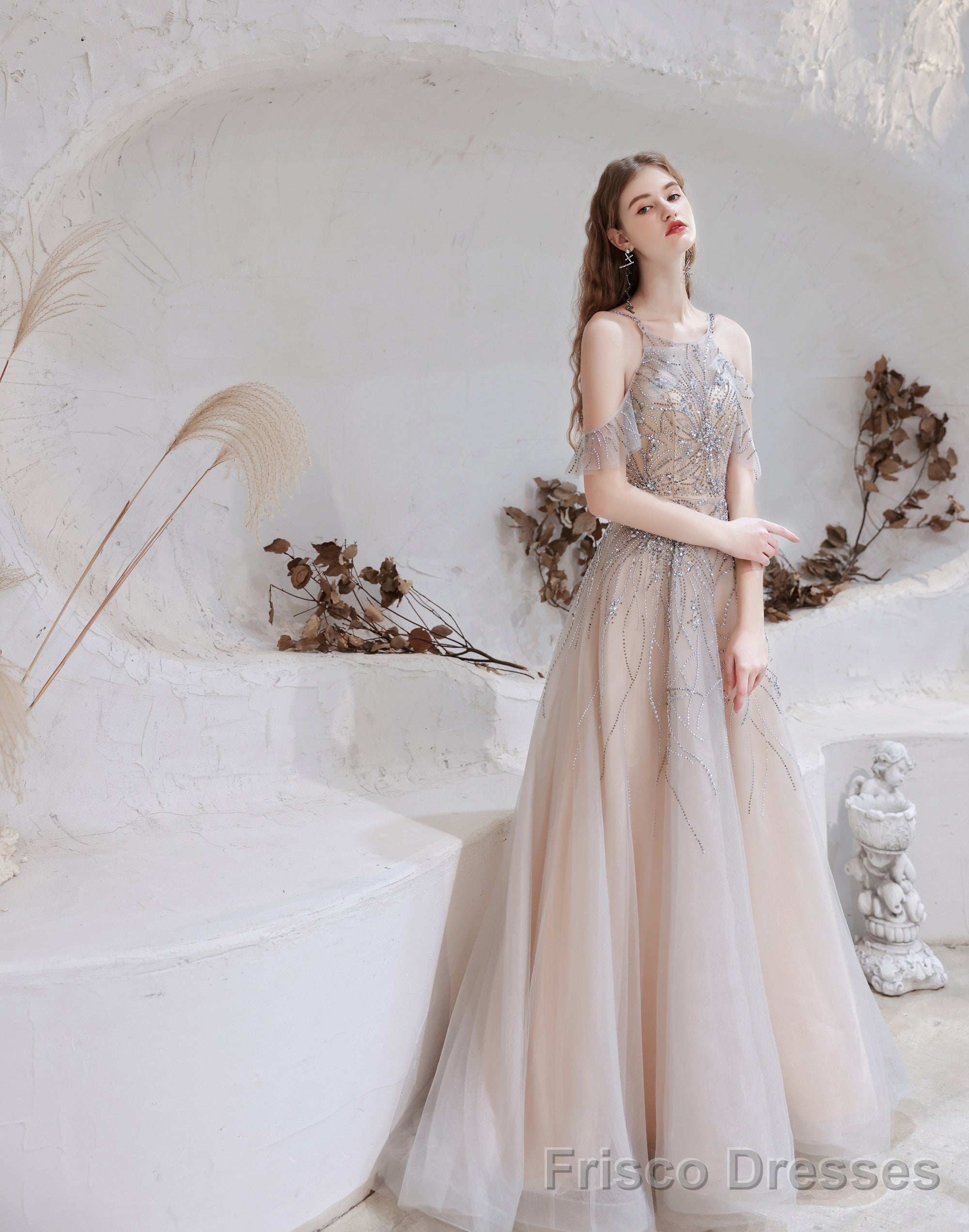 A Line Bateau Prom Dress, Long Neck With Train Sleeveless Zipper Formal Party Dresses Main image