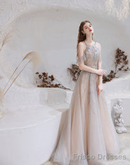 A Line Bateau Prom Dress, Long Neck With Train Sleeveless Zipper Formal Party Dresses