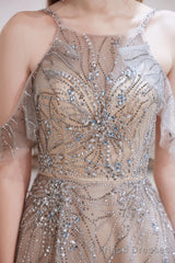 A Line Bateau Prom Dress, Long Neck With Train Sleeveless Zipper Formal Party Dresses
