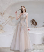 A Line Bateau Prom Dress, Long Neck With Train Sleeveless Zipper Formal Party Dresses
