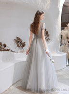 Elegant Prom Dress, Formal V Neck Short Sleeves Beaded Tulle Dresses, A Ling Floor Length
