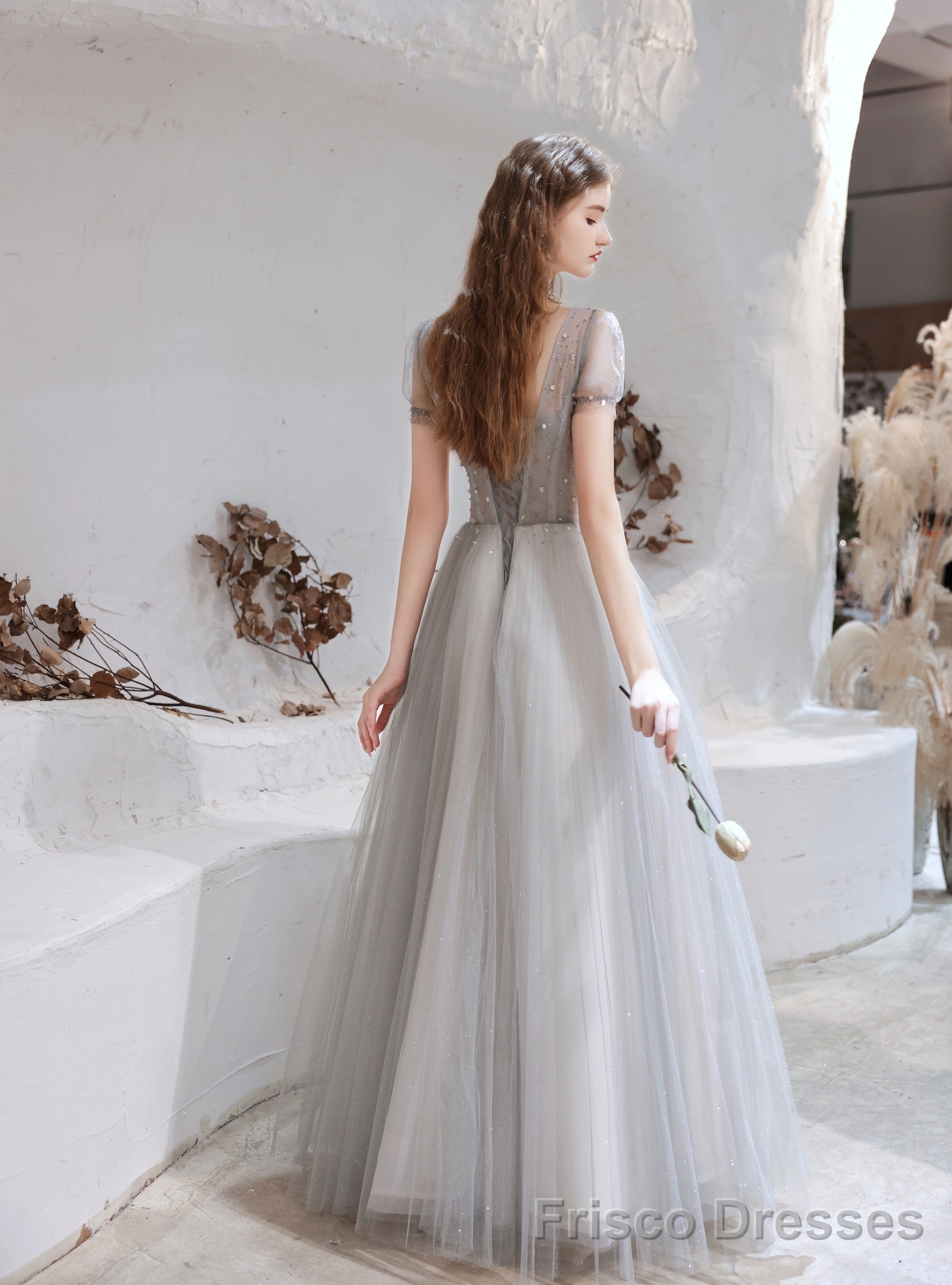 Elegant Prom Dress, Formal V Neck Short Sleeves Beaded Tulle Dresses, A Ling Floor Length