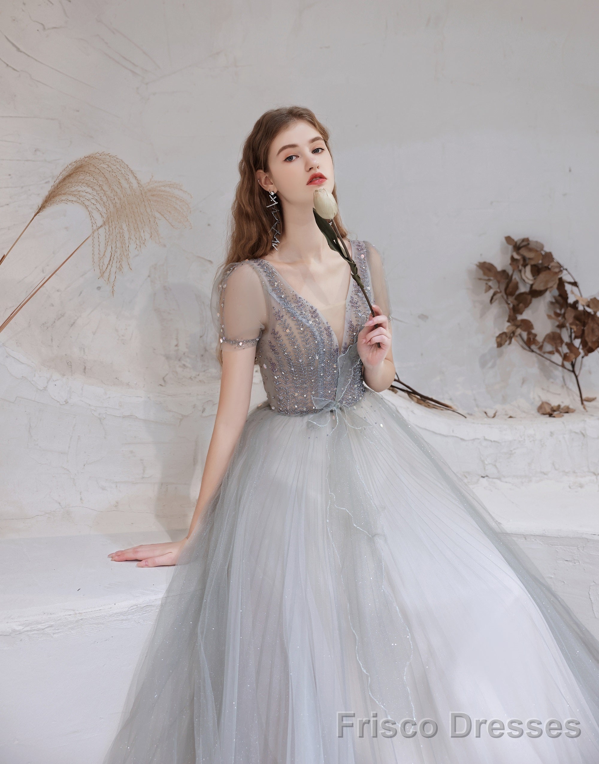 Elegant Prom Dress, Formal V Neck Short Sleeves Beaded Tulle Dresses, A Ling Floor Length