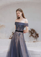 Evening Dress, Blue Prom Dresses, A Line Bateau Neck Floor Length Short Sleeves Zipper Formal Party Dresses, Pageant Dresses