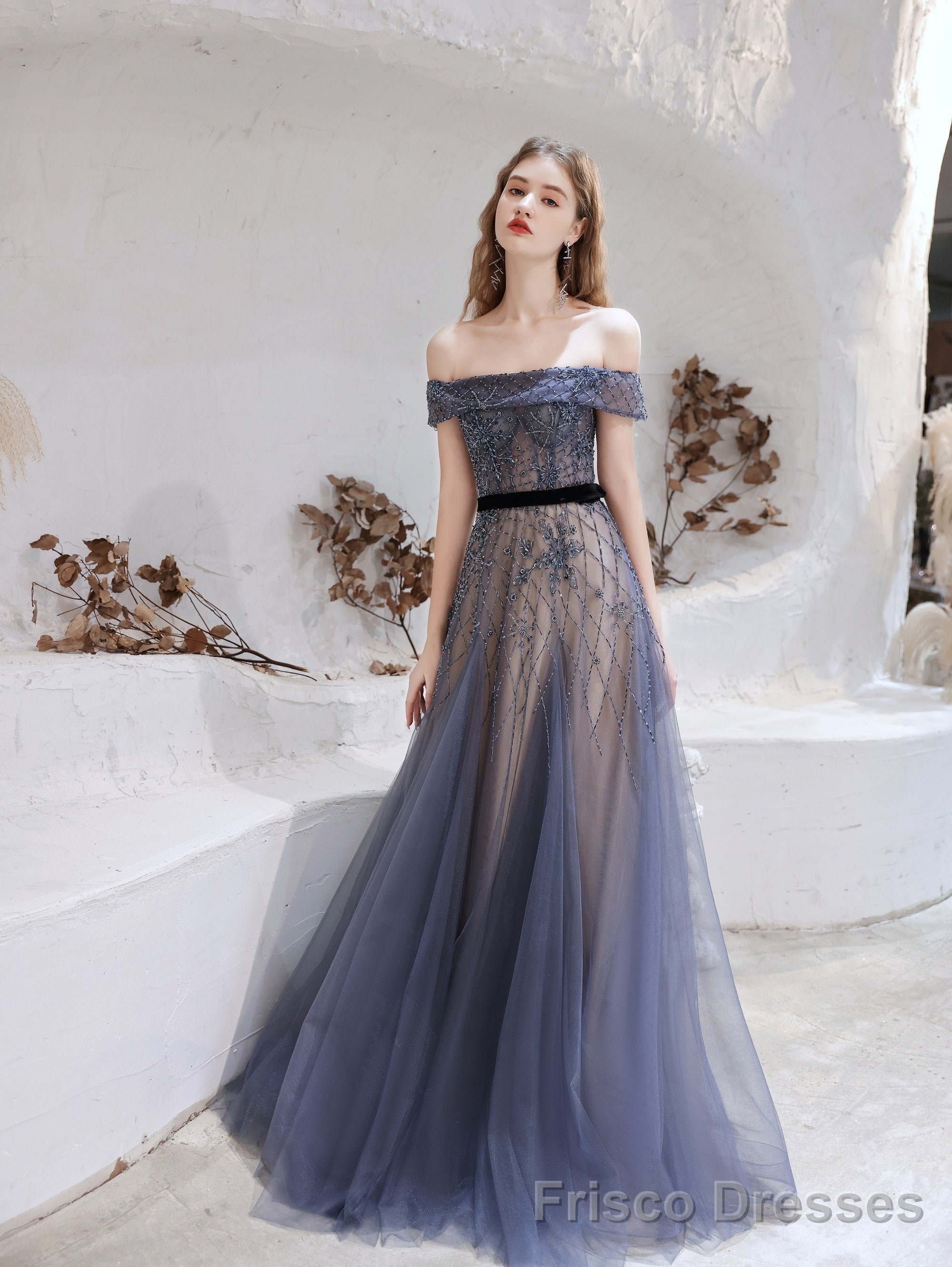 Evening Dress, Blue Prom Dresses, A Line Bateau Neck Floor Length Short Sleeves Zipper Formal Party Dresses, Pageant Dresses