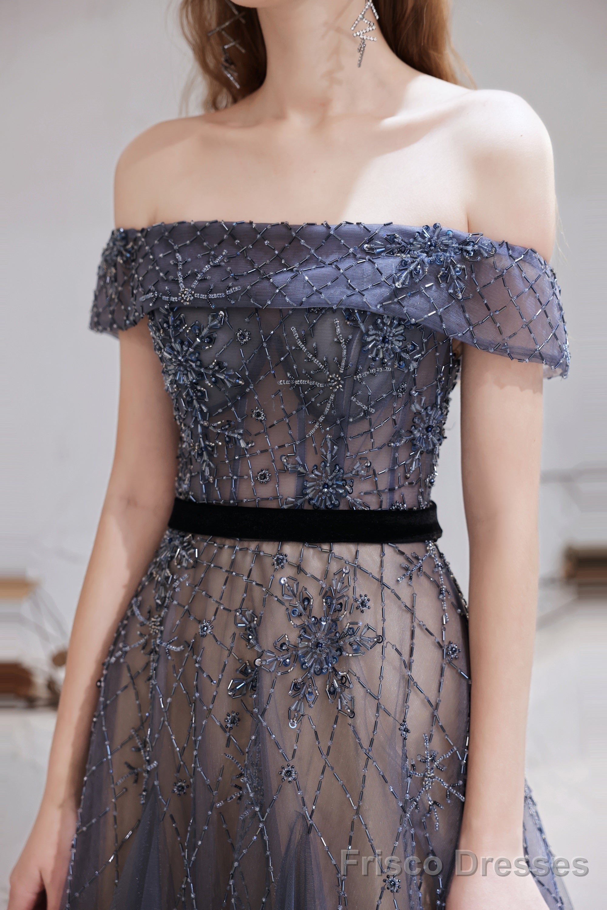 Evening Dress, Blue Prom Dresses, A Line Bateau Neck Floor Length Short Sleeves Zipper Formal Party Dresses, Pageant Dresses