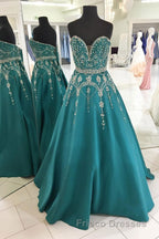 Green A Line Floor Length Sweetheart Sleeveless Beading Formal Prom Dress