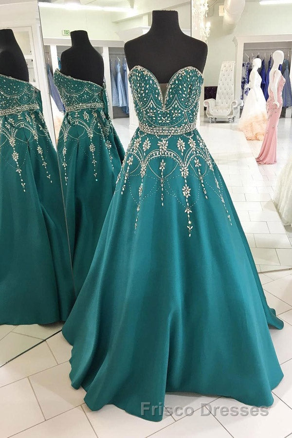 Green A Line Floor Length Sweetheart Sleeveless Beading Formal Prom Dress