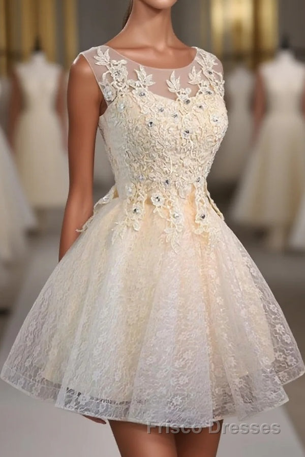 Champagne Lace Round Neck Short Formal Prom Dress, Bridesmaid Dress