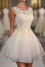 Champagne Lace Round Neck Short Formal Prom Dress, Bridesmaid Dress