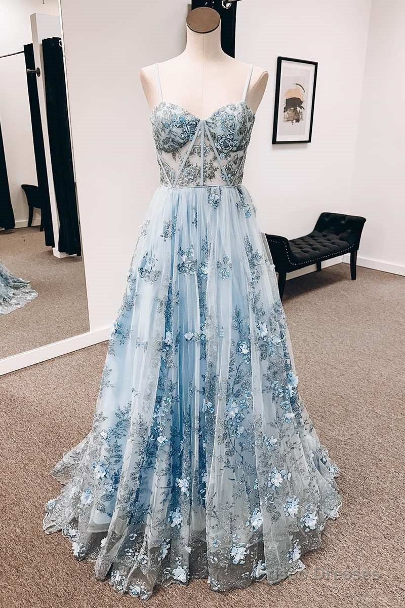 Blue 3D Floral Lace Sweetheart A-Line Long Prom Dress Main image