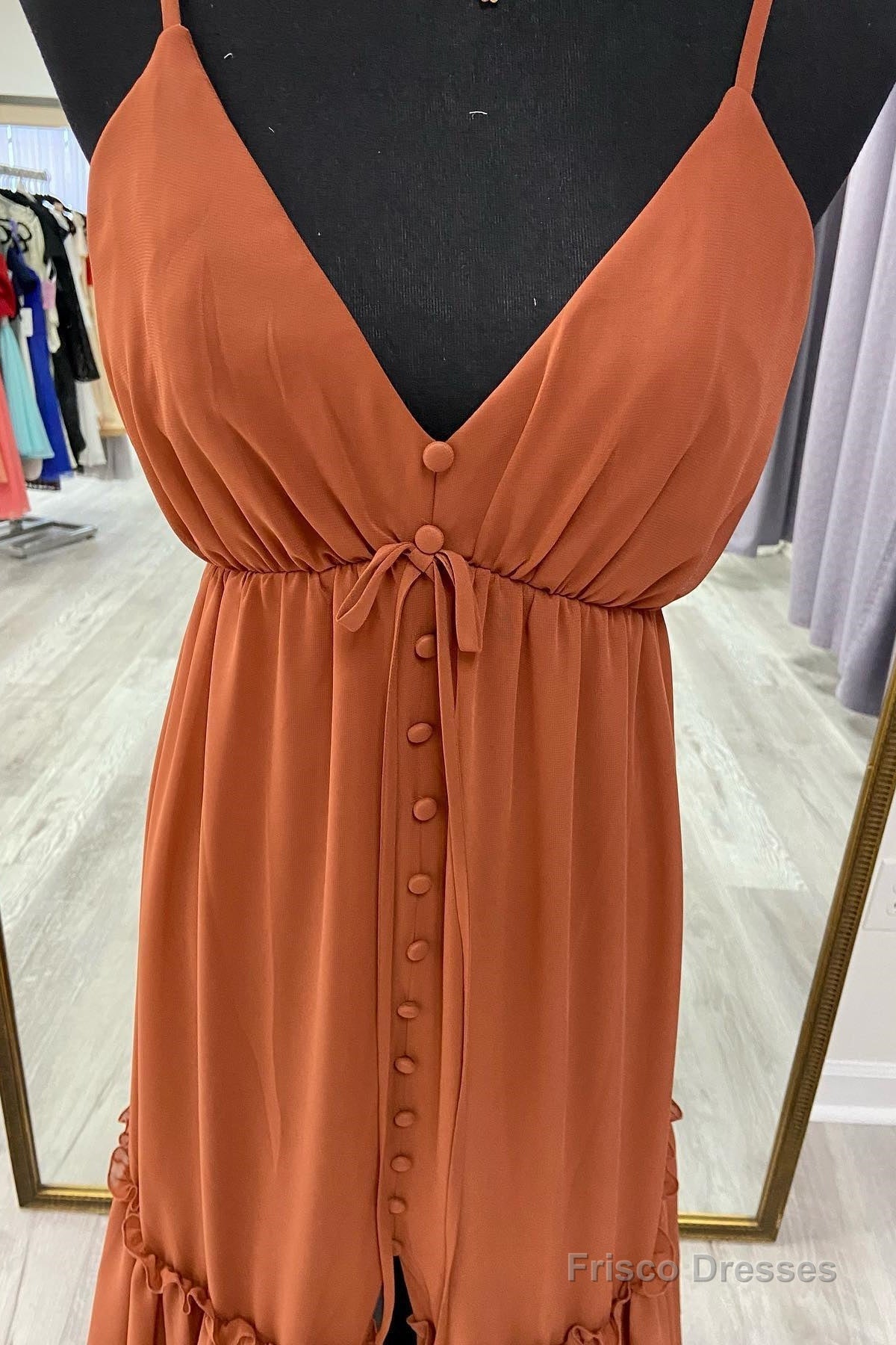 Brown A-line V Neck Straps Ruffle Buttons Long Bridesmaid Dress with Slit Main image