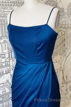 Sheath Spaghetti Straps Satin Long Bridesmaid Dress with Slit