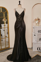 Black Mermaid Pluning V Appliques Long Prom Dresses with Slit