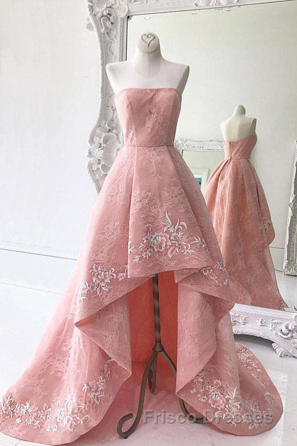 Charming Modest Pink A Line High Low Strapless Zipper Back Formal Prom Dress Secondary image