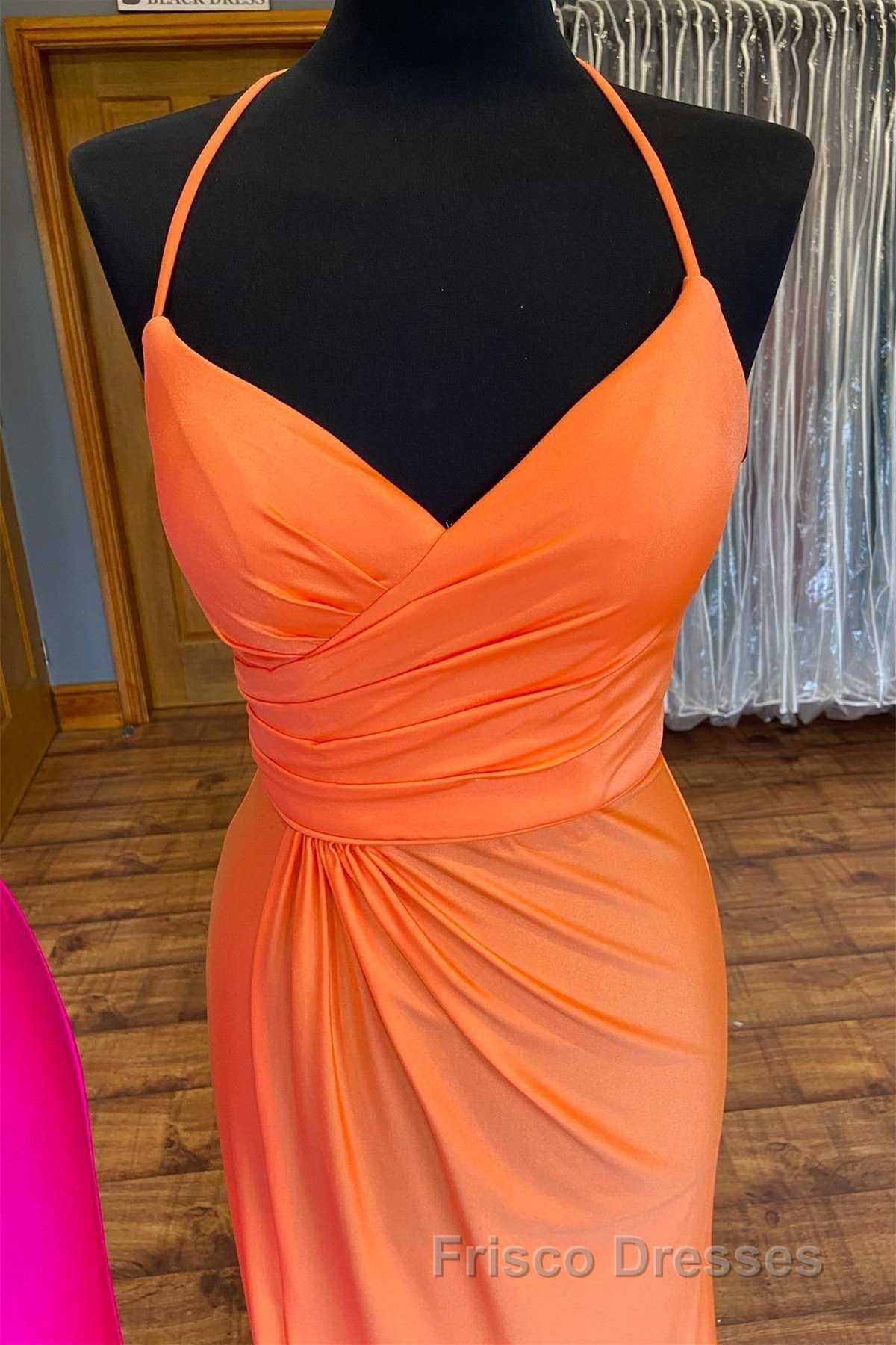 Orange Surplice Neck Backless Long Formal Prom Dress