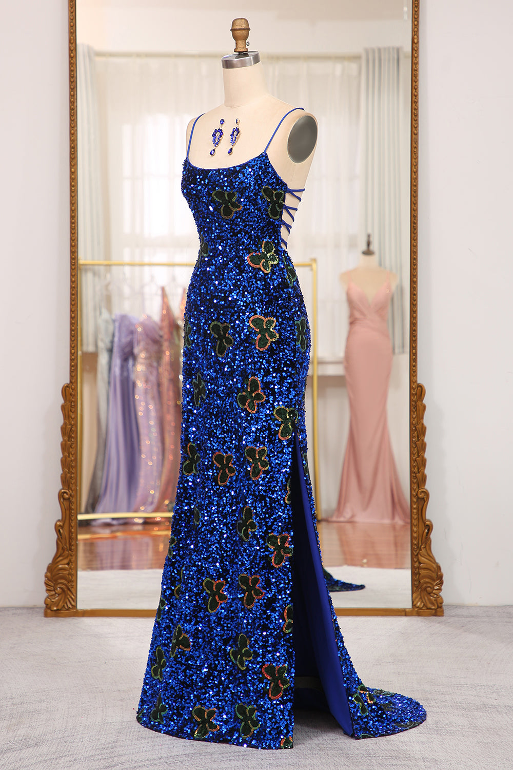 Sparkly Royal Blue Lace Up Long Sequined Prom Dresses With Slit Secondary image