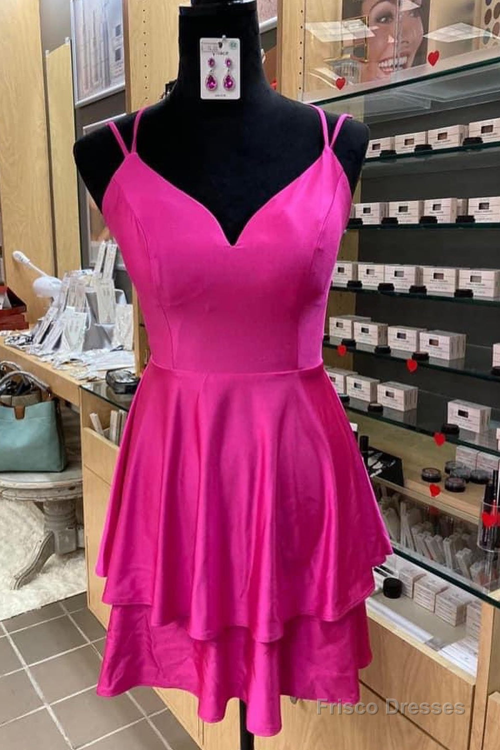 Fuchsia V Neck Lace-Up Back Satin Multi-Layers Mini Homecoming Dress Main image