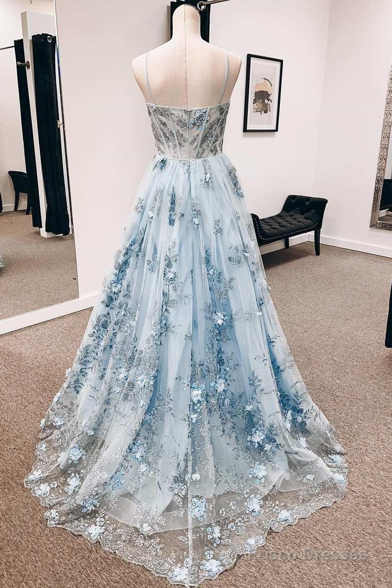 Blue 3D Floral Lace Sweetheart A-Line Long Prom Dress Secondary image