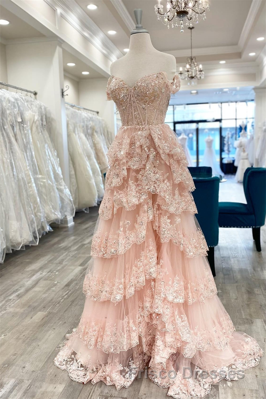 Light Blue Lace Sweetheart Tiered Long Formal Prom Dress with Slit