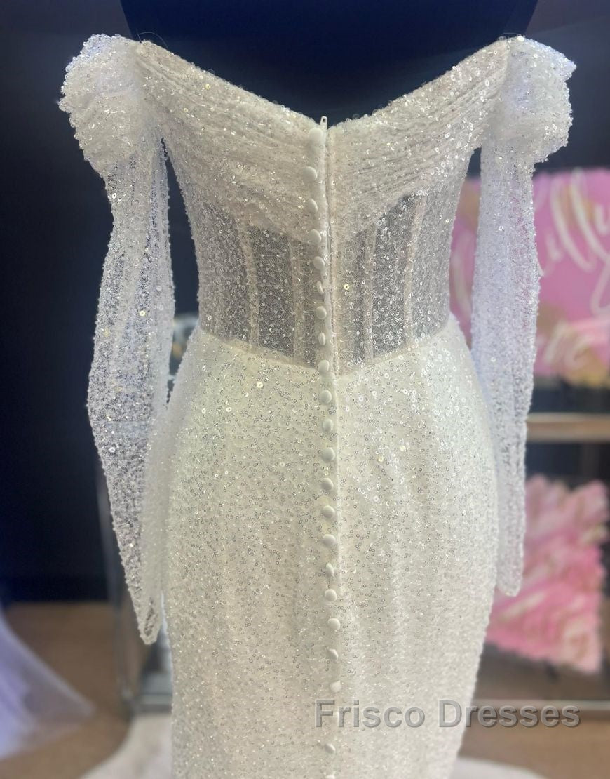 Sheath-Column Off The Shoulder Wedding Dress With Sequin Secondary image