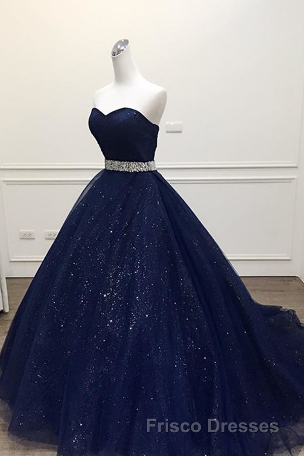 Navy Blue Ball Gown Court Train Sleeveless Mid Back Sparkle Formal Prom Dress Secondary image