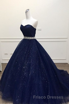Navy Blue Ball Gown Court Train Sleeveless Mid Back Sparkle Formal Prom Dress