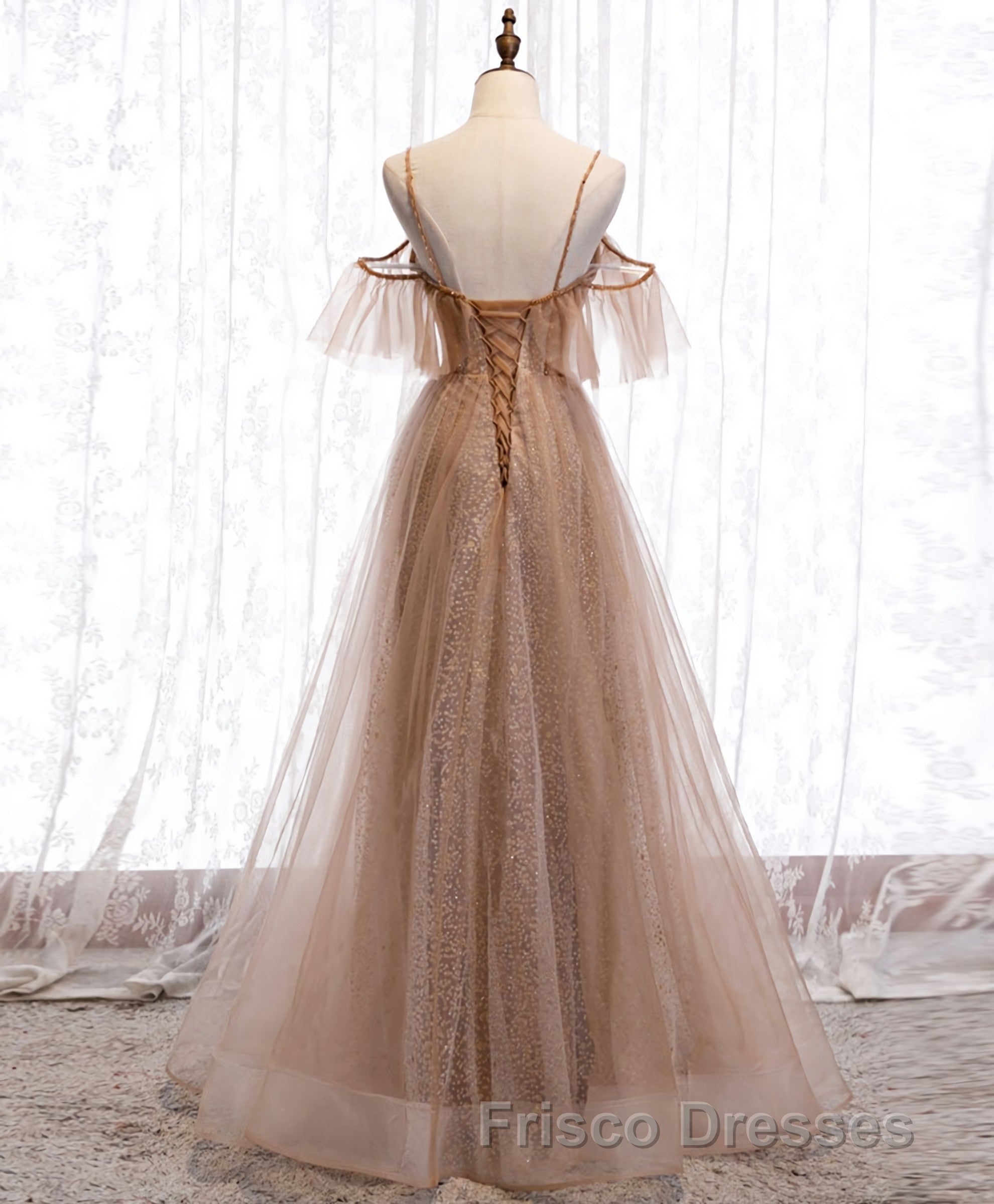 Champagne Tulle Sequin Long Formal Prom Dress, Champagne Evening Dress Secondary image