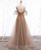 Champagne Tulle Sequin Long Formal Prom Dress, Champagne Evening Dress