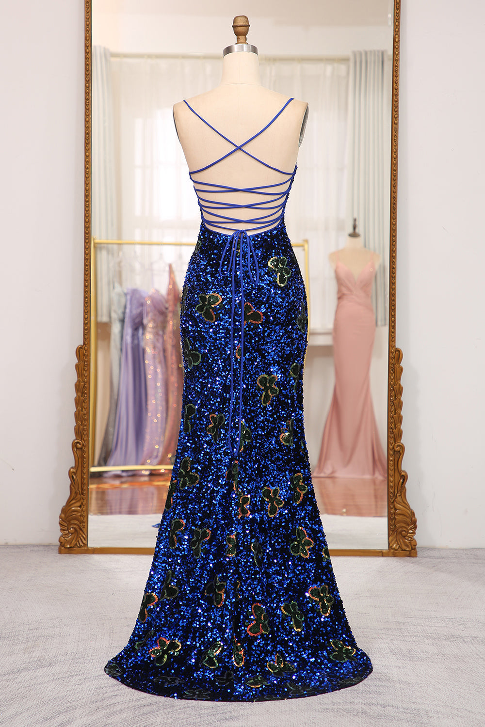 Sparkly Royal Blue Lace Up Long Sequined Prom Dresses With Slit – Frisco Dresses