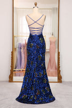 Sparkly Royal Blue Lace Up Long Sequined Prom Dresses With Slit