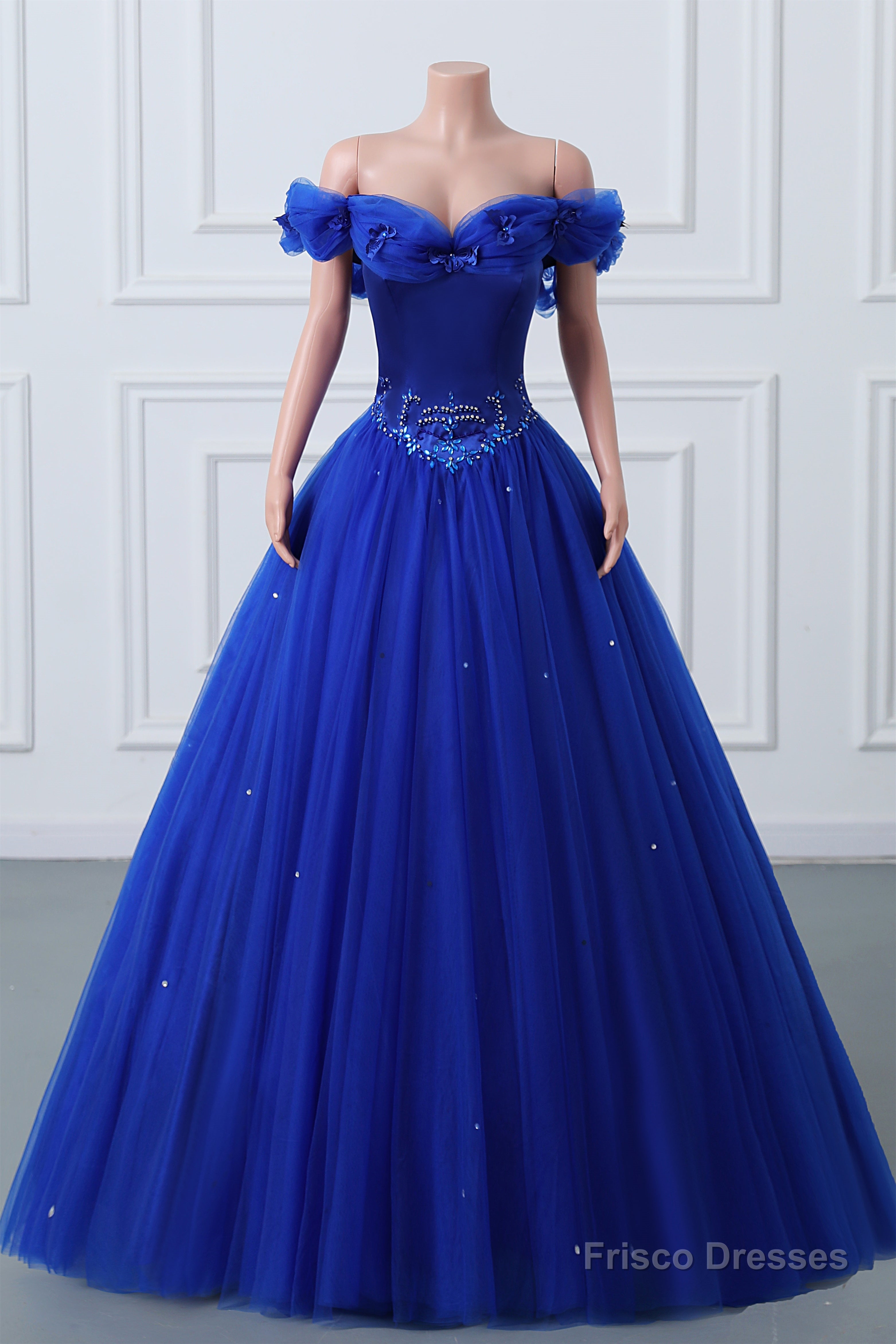 Royal Blue Off-the-shoulder Sweetheart Beaded Flowers Ball Gown Tulle Prom Dresses Main image
