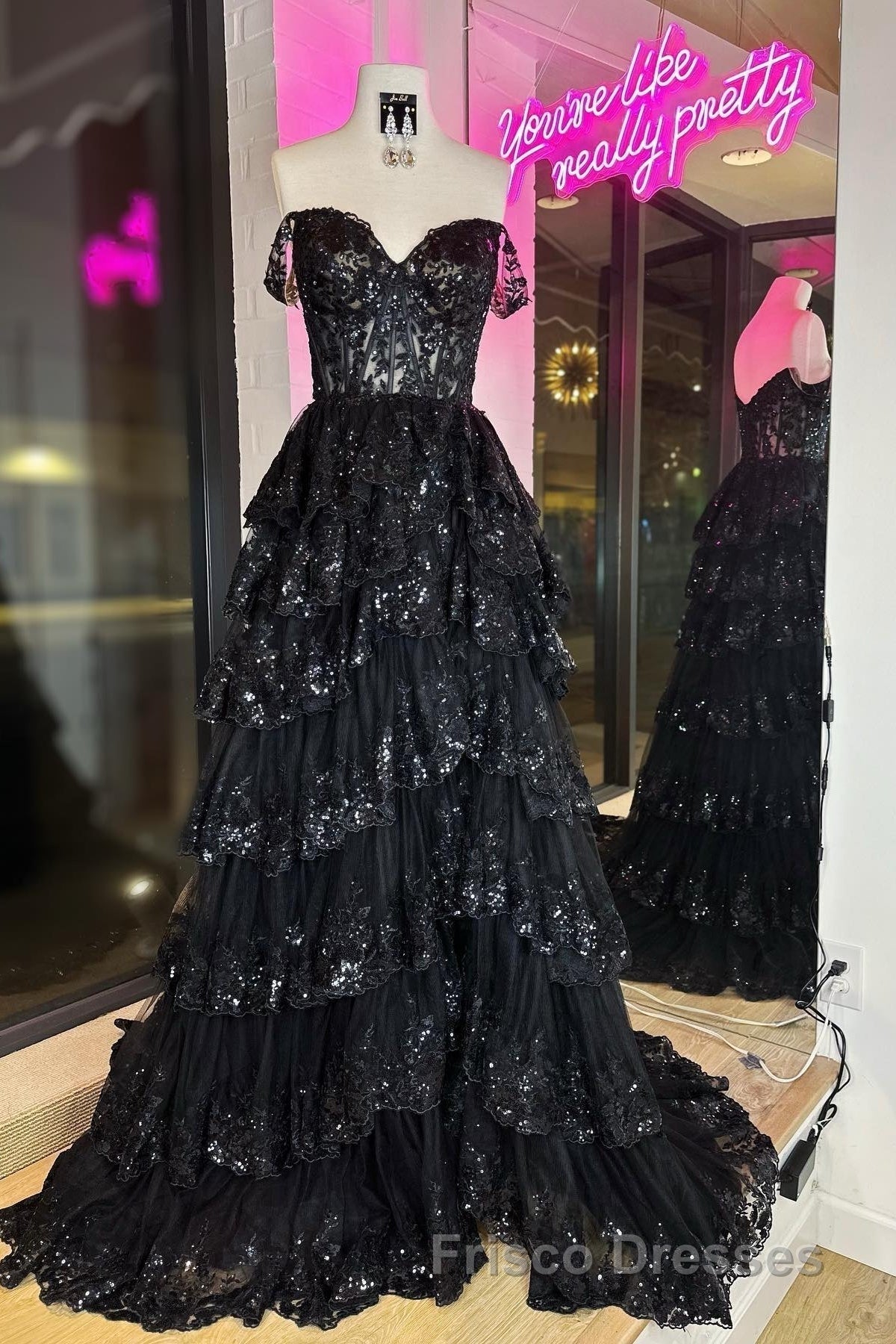 Light Blue Lace Sweetheart Tiered Long Formal Prom Dress with Slit
