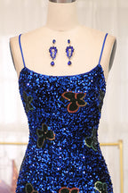 Sparkly Royal Blue Lace Up Long Sequined Prom Dresses With Slit