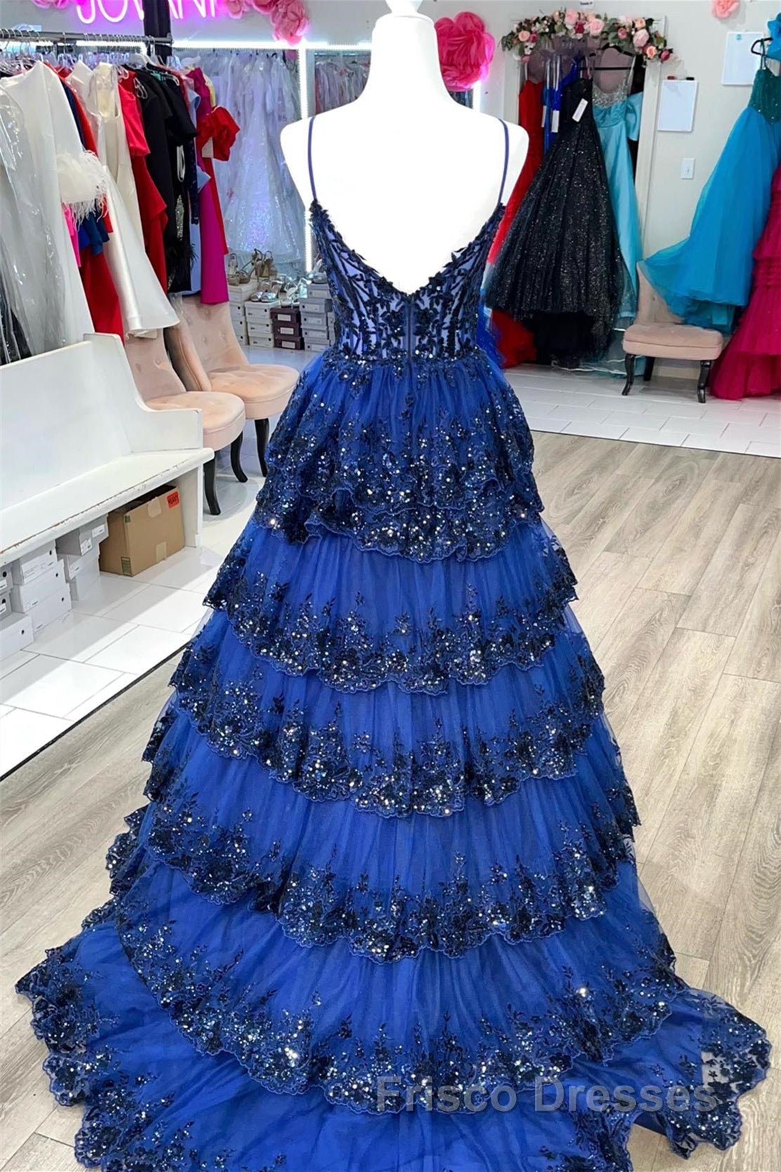 Navy Blue Floral Multi-Layers Sequined Straps Long Formal Prom Dress Secondary image