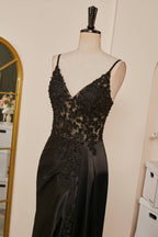 Black Mermaid Pluning V Appliques Long Prom Dresses with Slit