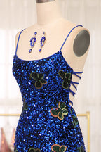 Sparkly Royal Blue Lace Up Long Sequined Prom Dresses With Slit