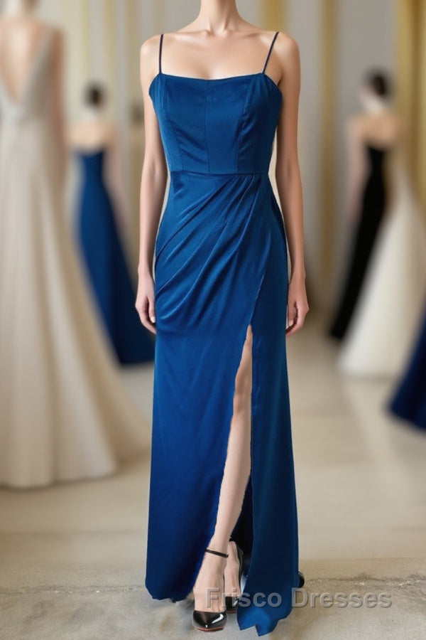 Sheath Spaghetti Straps Satin Long Bridesmaid Dress with Slit Main image