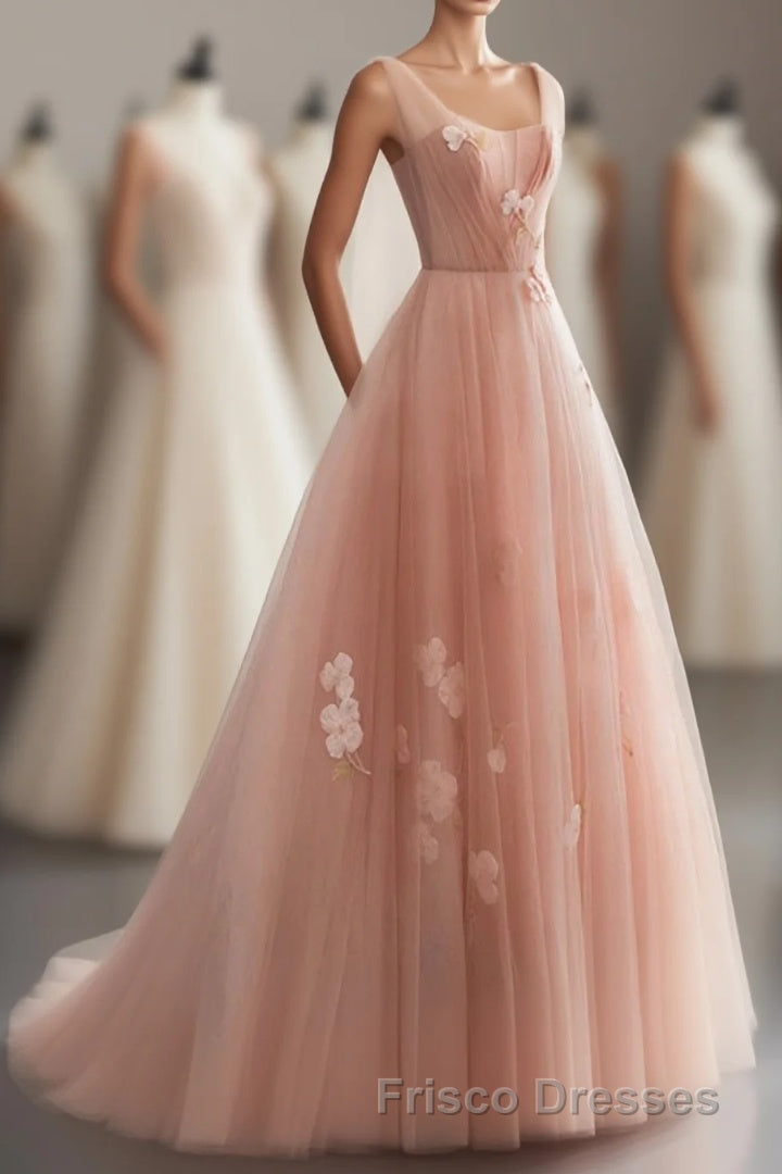 Pink V Neck Tulle Long Formal Prom Dress, Tulle Evening Dress Main image