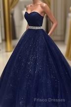 Navy Blue Ball Gown Court Train Sleeveless Mid Back Sparkle Formal Prom Dress