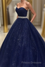 Navy Blue Ball Gown Court Train Sleeveless Mid Back Sparkle Formal Prom Dress