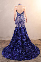 Royal Blue Mermaid Prom Dresses Sequined Lace Flowers Halter Neck Backless Long Gowns