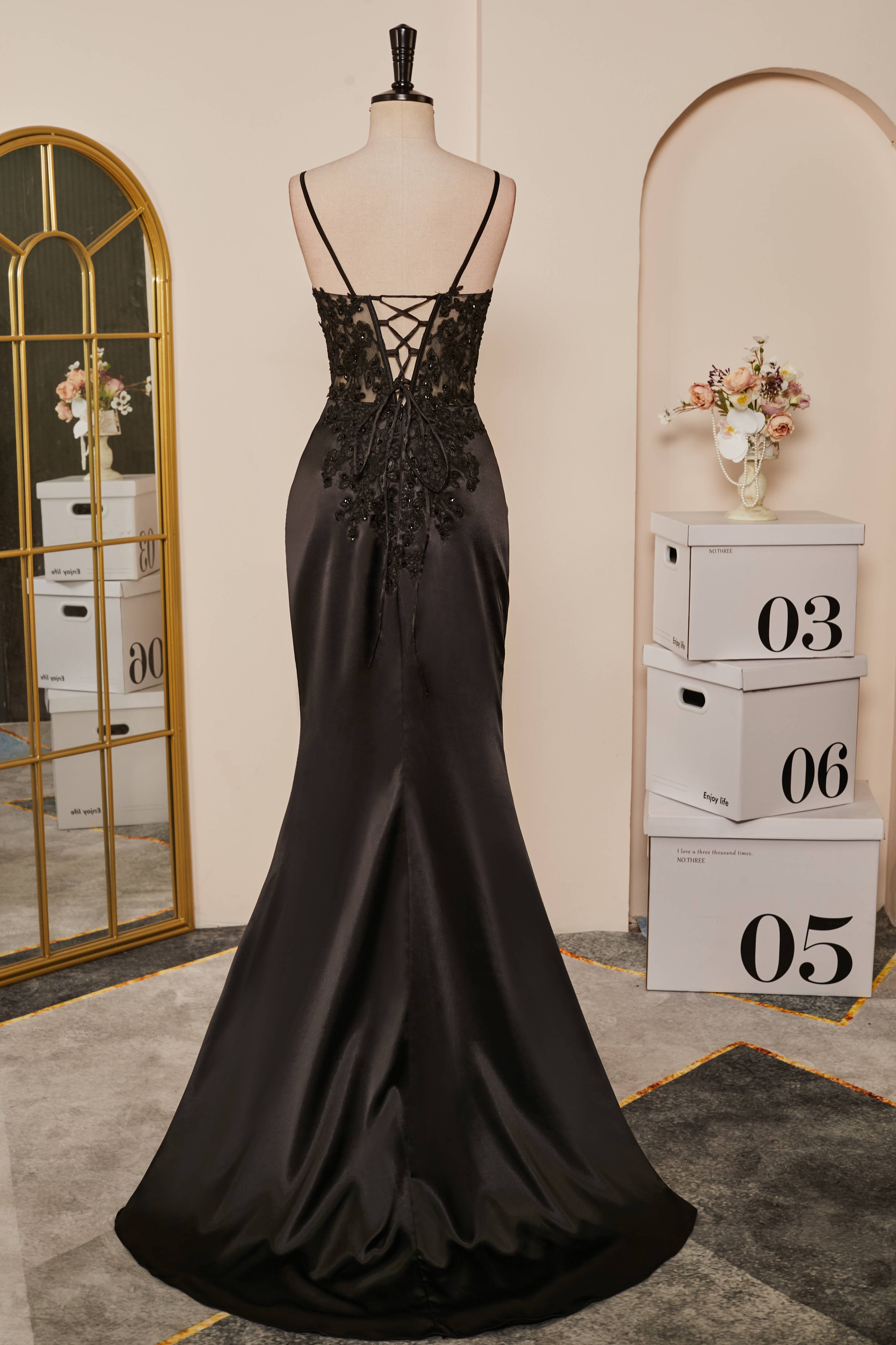 Black Mermaid Pluning V Appliques Long Prom Dresses with Slit Main image