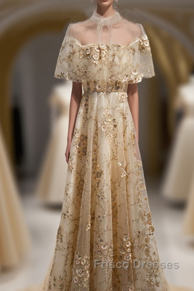 Champagne Tulle Lace Long Formal Prom Dress, Champagne Formal Dress, 1 Main image